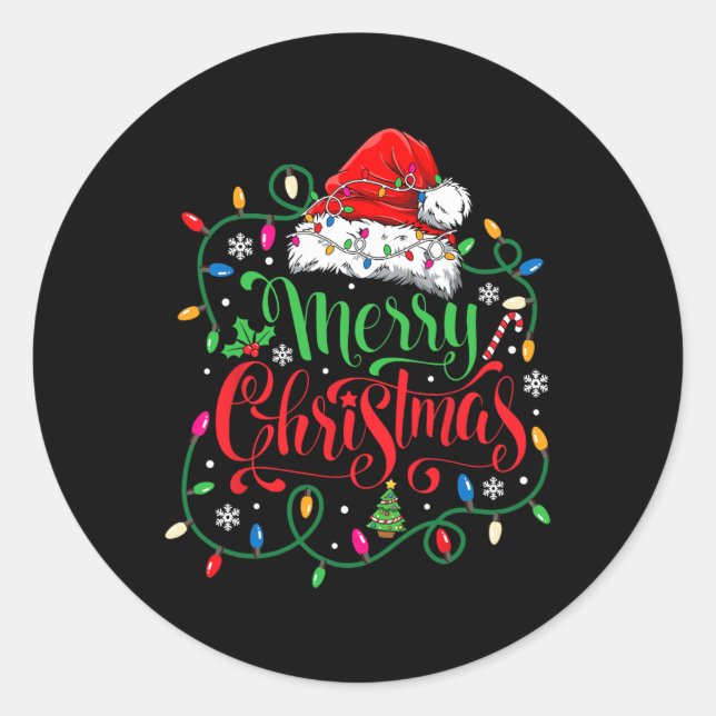 Sticker Rond Merry Christmas Matching Family Santa Hat Lights X (Devant)