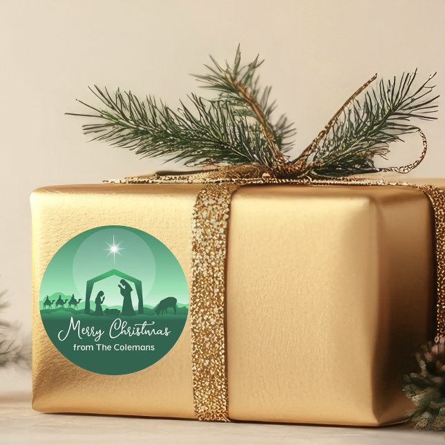Sticker Rond Merry Christmas Nativity Scene Green Religious (Créateur téléchargé)