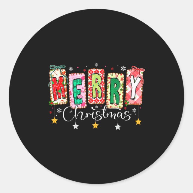 Sticker Rond Merry Christmas Patchwork Coquette Bow Xmas Girl W (Devant)