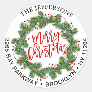 Sticker Rond Merry Christmas Pine Wreath Retour Adresse Étiquet