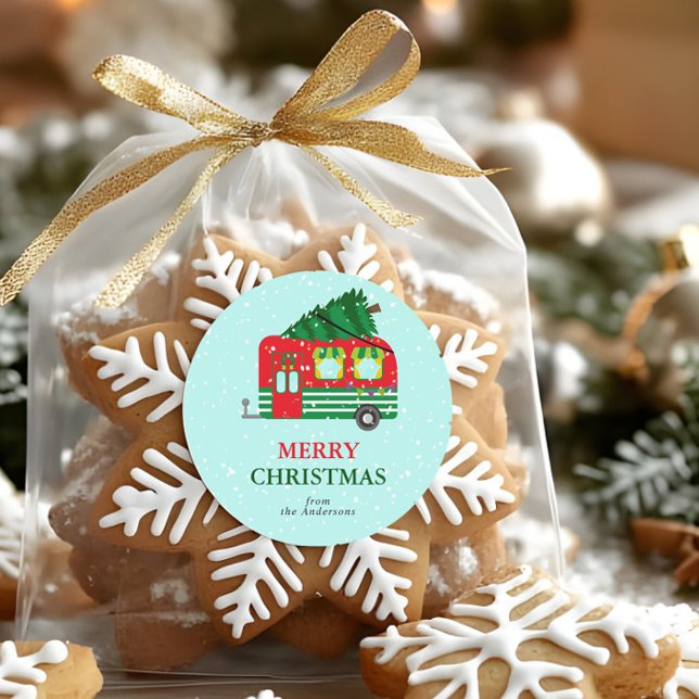 Sticker Rond Merry Christmas Red Caravan Christmas Tree Custom (Créateur téléchargé)