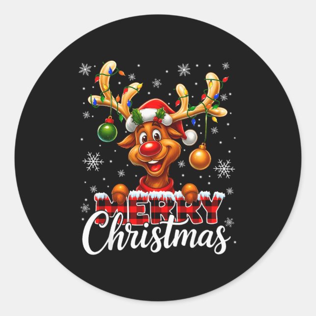 Sticker Rond Merry Christmas Reindeer Plaid Pajamas Xmas Shirts (Devant)