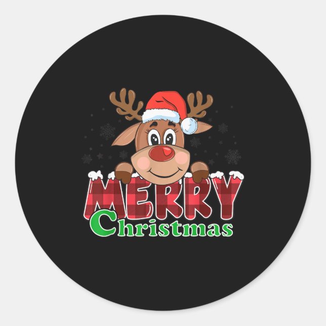 Sticker Rond Merry Christmas Reindeer Xmas Family Kids Men Wome (Devant)