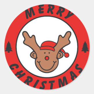 Sticker Rond Merry Christmas Rudolf Rentier avec arbre