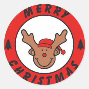 Sticker Rond Merry Christmas Rudolf rentier avec l'arbre
