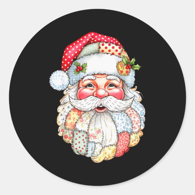 Sticker Rond Merry Christmas Santa Claus Patchwork Pajamas Xmas (Devant)