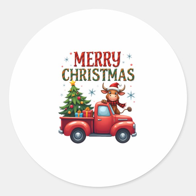 Sticker Rond Merry Christmas Scottish Highland Cow Xmas Farm An (Devant)