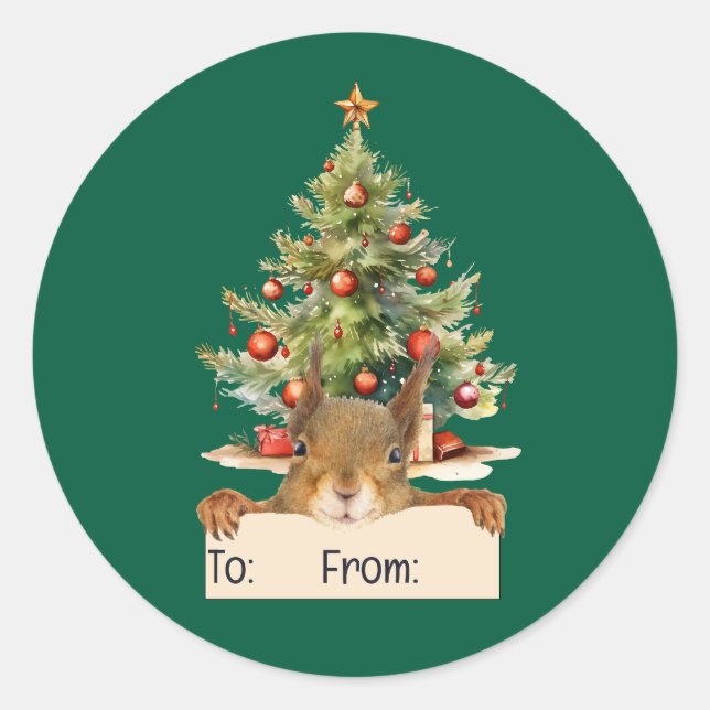 Sticker Rond Merry Christmas Squirrel Christmas Tree To From (Devant)