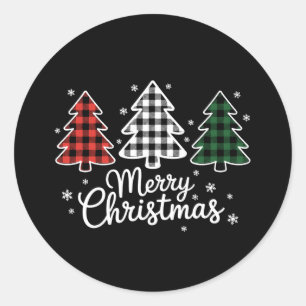 Sticker Rond Merry Christmas Tree Buffalo Plaid Red White Green