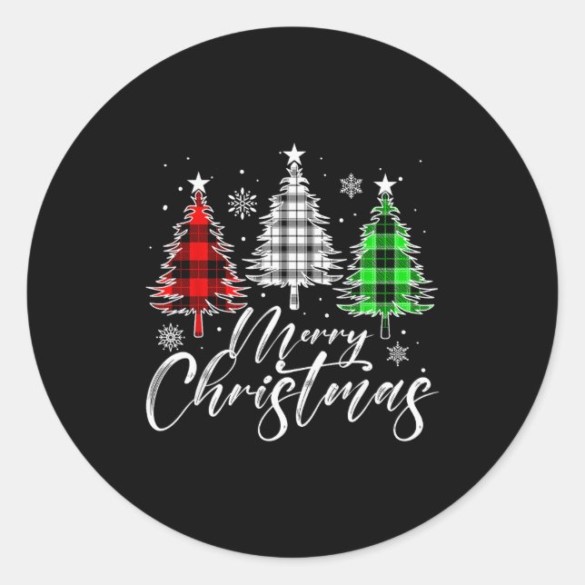Sticker Rond Merry Christmas Tree Buffalo Plaid Red White Green (Devant)