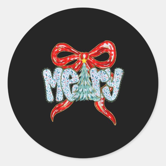 Sticker Rond Merry Christmas Tree Coquette Bow Xmas Holiday Wom (Devant)