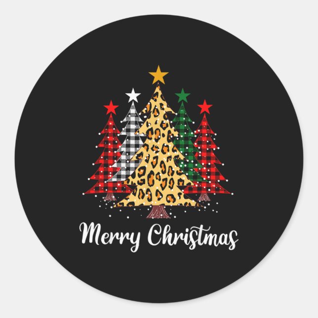 Sticker Rond Merry Christmas Trees With Buffalo Plaid &amp; Leo (Devant)