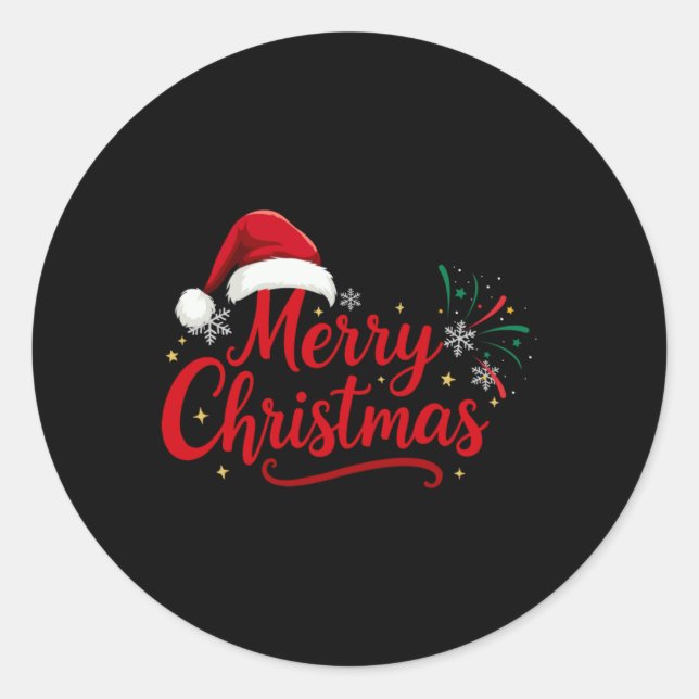 Sticker Rond Merry Christmas Tygraphy With Santa Hat And Snow T (Devant)