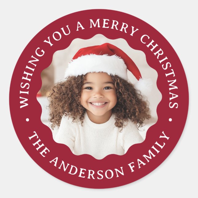 Sticker Rond Merry Christmas wavy border deep dark red photo (Devant)