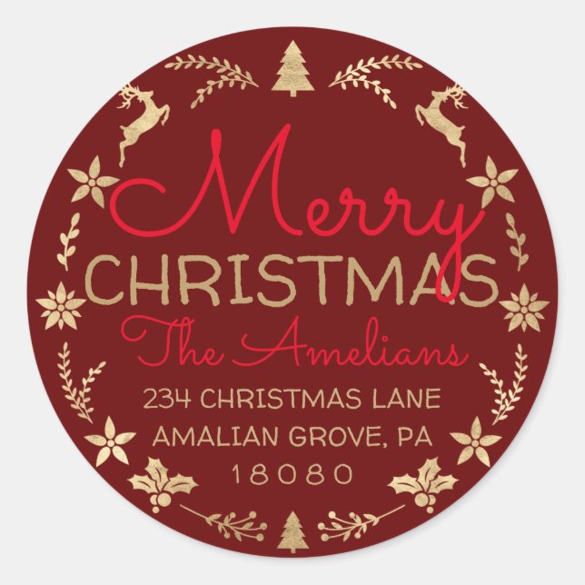 Sticker Rond Merry Christmas Wreath Gold Russe RSVP Bourgogne (Devant)