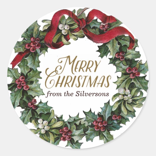 Sticker Rond Merry Christmas Wreath Holly Mistletoe Customisé (Devant)