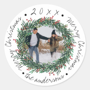 Sticker Rond  Merry Christmas Wreath Red Berries Name Photo