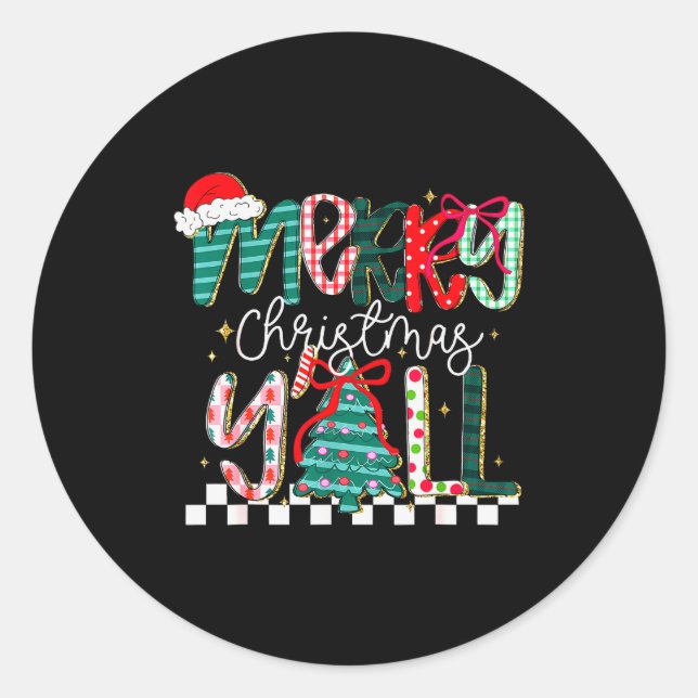 Sticker Rond Merry Christmas Y’all Southern Christmas Tree Girl (Devant)