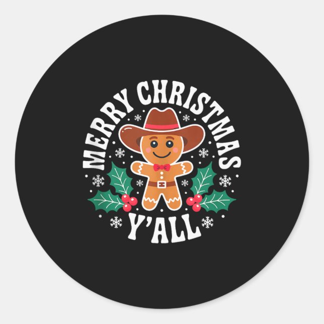 Sticker Rond Merry Christmas Yall Gingerbread Cowboy Howdy West (Devant)