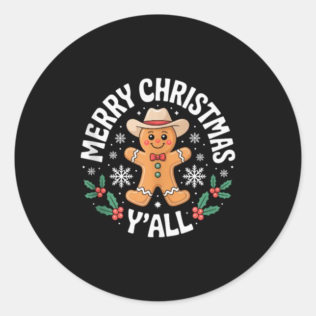 Sticker Rond Merry Christmas Yall Gingerbread Cowboy Howdy West (Devant)