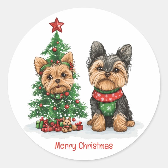 Sticker Rond Merry Christmas Yorkie Dogs (Devant)
