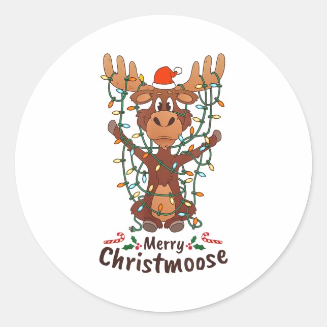 Sticker Rond Merry Christmoose Christmas Moose Xmas Tree Lights (Devant)