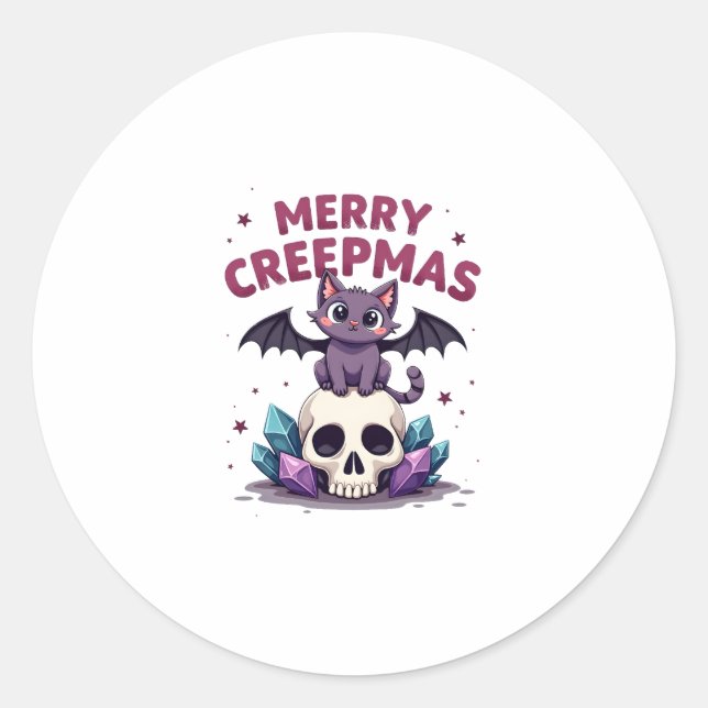 Sticker Rond Merry Creepmas Cat Pastel Goth Christmas Skull T-S (Devant)