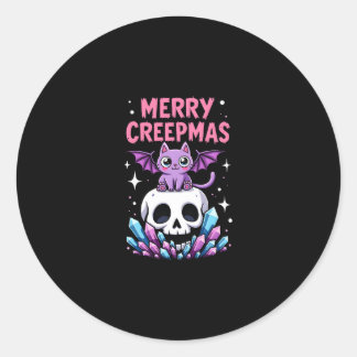 Sticker Rond Merry Creepmas Cat Pastel Goth Christmas Skull T-S