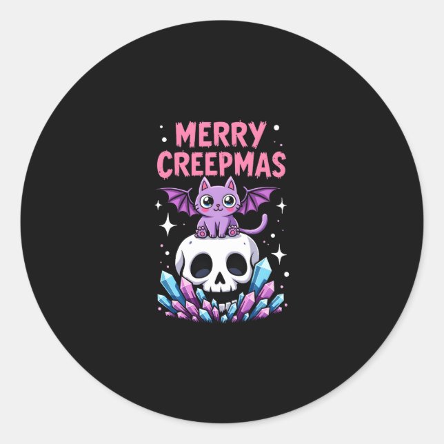 Sticker Rond Merry Creepmas Cat Pastel Goth Christmas Skull T-S (Devant)