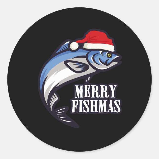 Sticker Rond Merry Fishmas Fishing Fishermen Venin de Christma (Devant)
