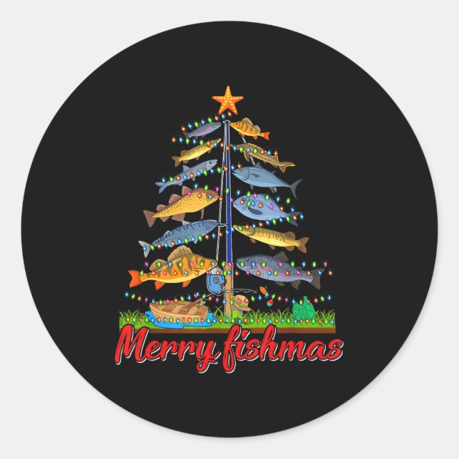 Sticker Rond Merry Fishmas Funny Fisher Christmas Tree Fishing  (Devant)