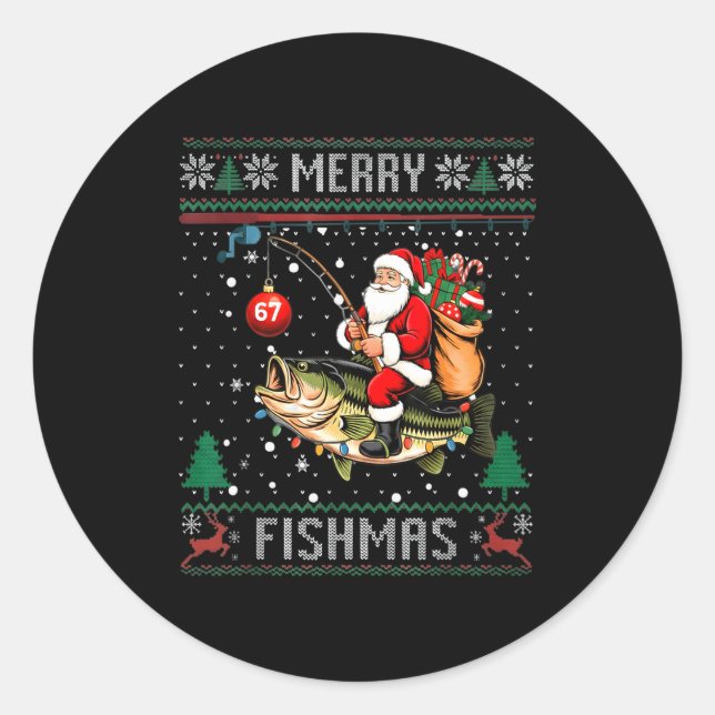 Sticker Rond Merry Fishmas Santa Riding B Fish Christmas Ugly S (Devant)