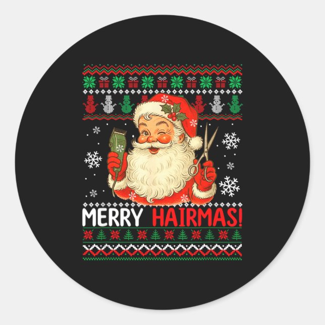 Sticker Rond Merry Hairmas Christmas Sweater Santa Hairstylist  (Devant)