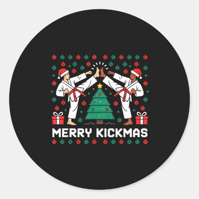 Sticker Rond Merry Kickmas Funny Karate Jiu Jitsu Ugly Christma (Devant)