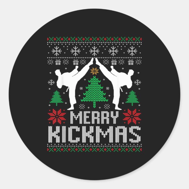 Sticker Rond Merry Kickmas Karate Jiu Jitsu Ugly Christmas Xmas (Devant)