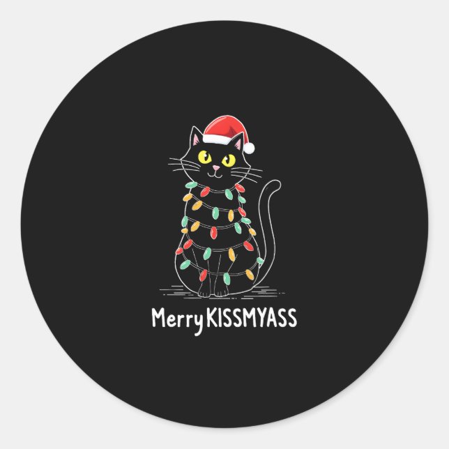 Sticker Rond Merry Kissmyass Funky Cat Christmas Lights Premium (Devant)