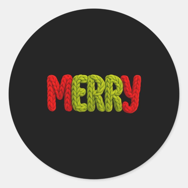Sticker Rond Merry Knitted Letters Crochet Xmas Pajamas Holiday (Devant)
