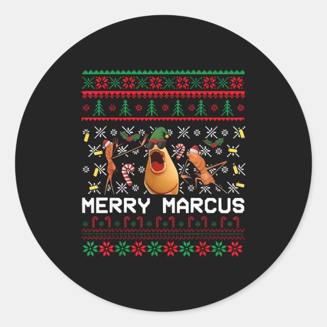 Sticker Rond Merry Marcus Ugly Christmas Sweater Funny The Worm (Devant)