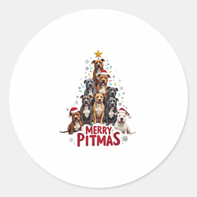 Sticker Rond Merry Pitmas Pitbull Dog Ugly Christmas Sweater Tr (Devant)