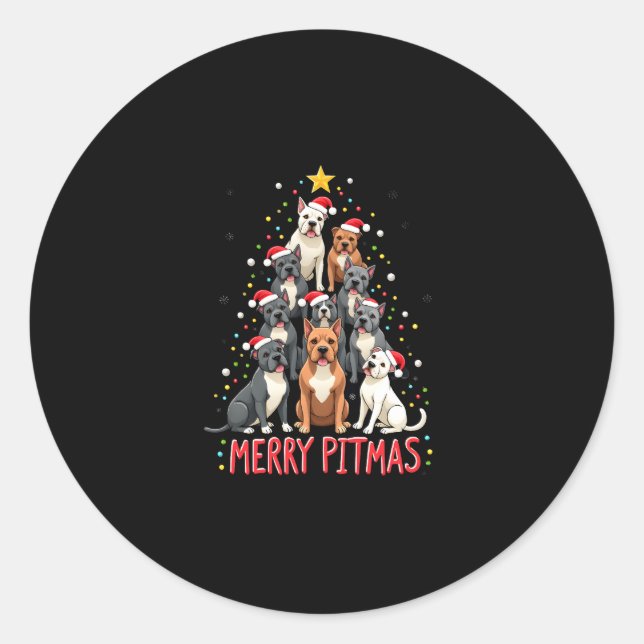 Sticker Rond Merry Pitmas Pitbull Dog Ugly Christmas Sweater Tr (Devant)