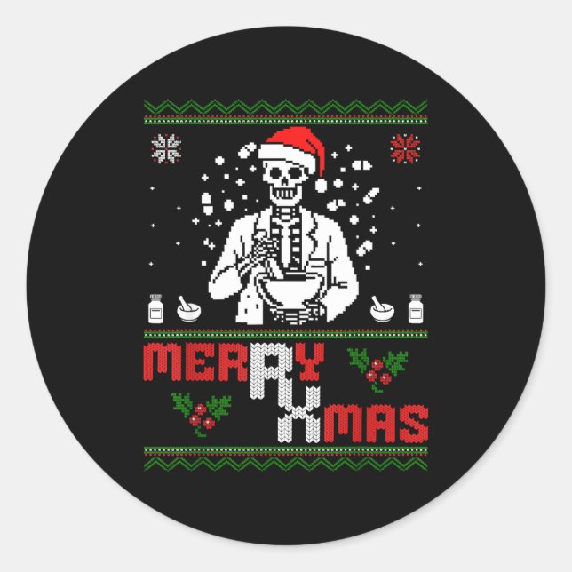Sticker Rond Merry Rx Mas Skeleton Pharmacist Pharmacy Tech Ugl (Devant)
