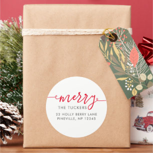 Sticker Rond MERRY Script Simple Red Christmas Return Address