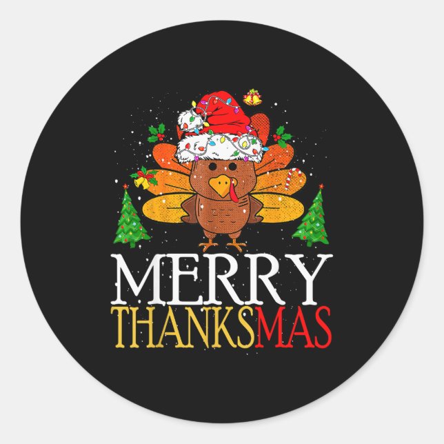 Sticker Rond Merry Thanksmas Happy Thanksgiving Santa Turkey  (Devant)