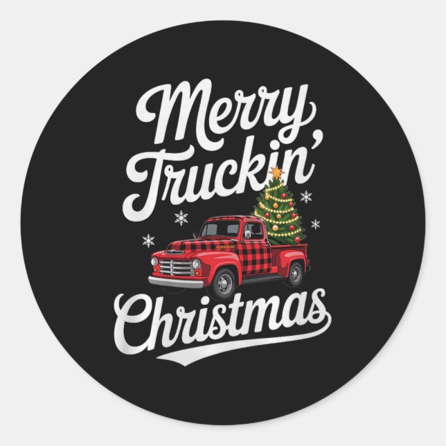 Sticker Rond Merry Truckin' Christmas Buffalo Plaid Clic Ck Up  (Devant)