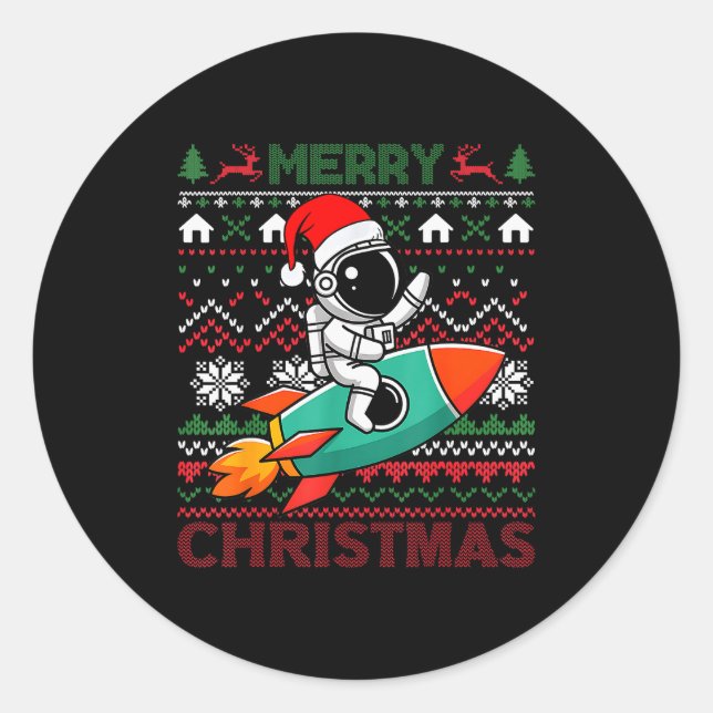 Sticker Rond Merry Ugly Christmas Santa Hat Astronaut Riding Ro (Devant)