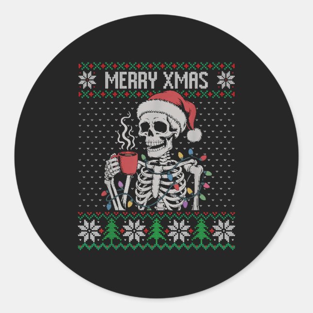 Sticker Rond Merry Xmas Skeleton Ugly Sweater, Skull Wearing Sa (Devant)