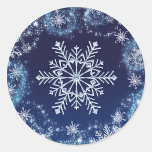Sticker Rond Merveilleux Hiver Bleu & Blanc Flocons de Neige Fa