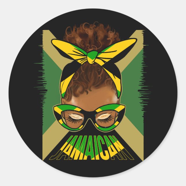 Sticker Rond Messy Bun Hair Jamaïcain Drapeau Black Woman G (Devant)