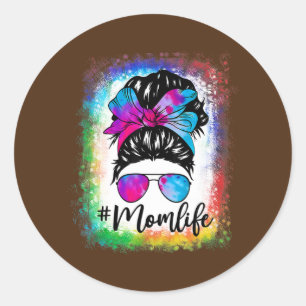 Sticker Rond Messy Hair Bun Maman Vie Tie Dye Fête des mères Fe