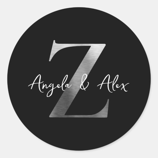 Sticker Rond Métal brossé Argent Noir Mariage Monogramme Z (Devant)